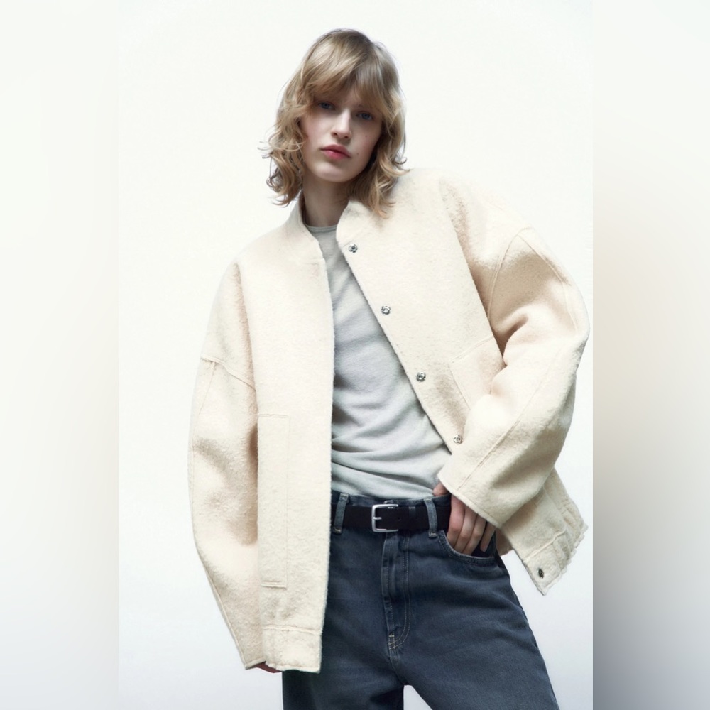 BNWT Zara Oversized Textured Bomber Jacket - Size XS/S - Cream